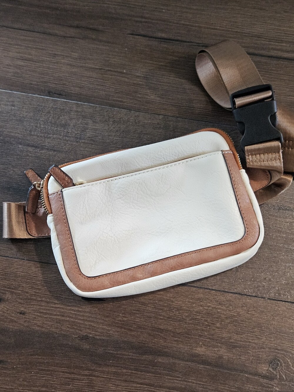 Neutral Cream & Cognac Double Zip Belt Bag Crossbody | Vegan Leather